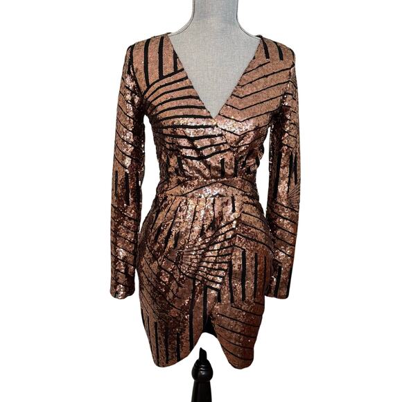 Banjul Dresses & Skirts - Banjul Faux Wrap Black Rose Gold Sequence Cocktail Party Dress Women's Size S